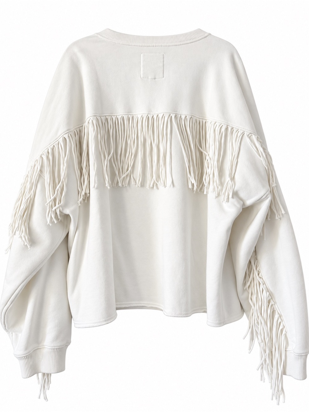 aerie White Fringe-Trim Boxy Crew Sweatshirt